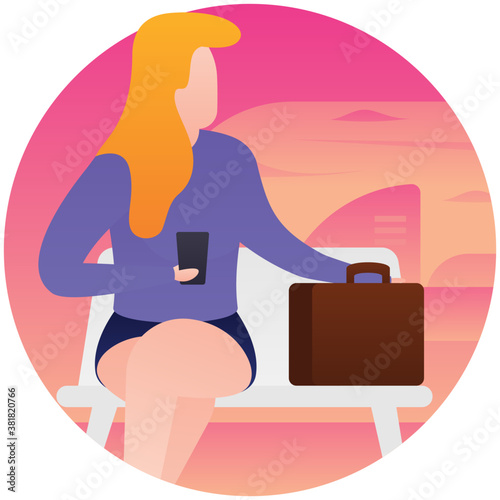 
girl using phone with luggage in a flat illustration 
