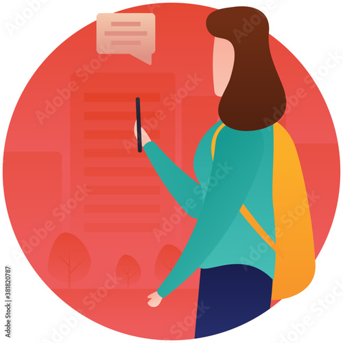 
girl using phone with luggage in a flat illustration 
