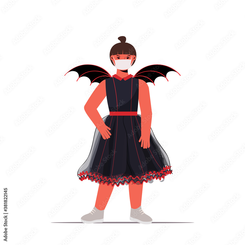 girl in mask wearing bat costume halloween party celebration coronavirus quarantine concept full length isolated vector illustration