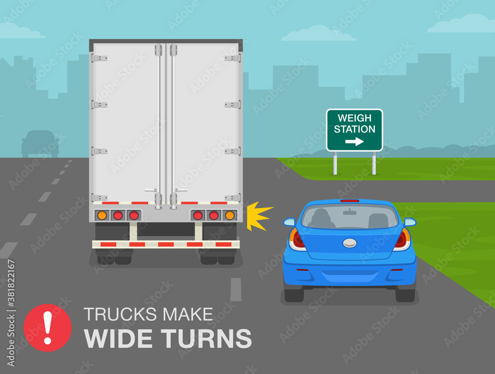 Goods vehicle is about to turn right on a city highway. Sedan car driver should be careful. Trucks make wide turns. Flat vector illustration template.