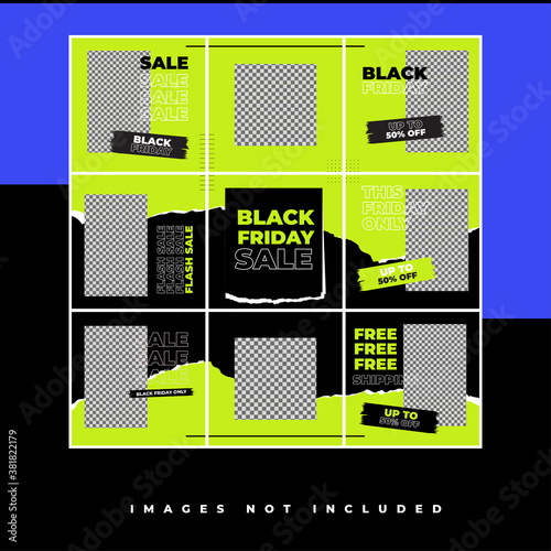 Black friday Social Media Puzzle Template with Hype style and neon color for promotion sale discount