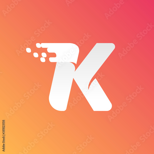 Letter K fast speed logo with checkered pixels pattern on the gradient background.