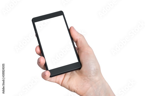 Mobile with blank white touch screen in hand of woman