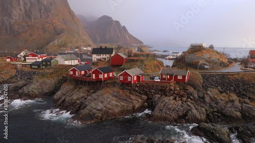 Hamnoy fishing village with red rorbuer in morning light at Lofoten islands, Norway