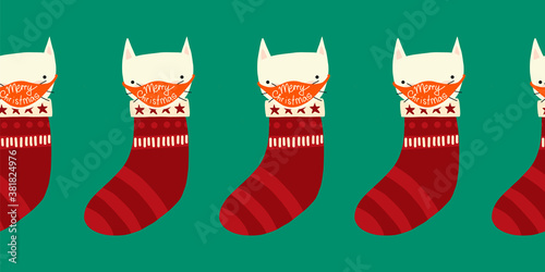 Corona Christmas border. Cat in stocking wearing a face mask cute seamless repeating holiday pattern. Coronavirus Merry Christmas vector design. Pandemic awareness Illustration for children. 