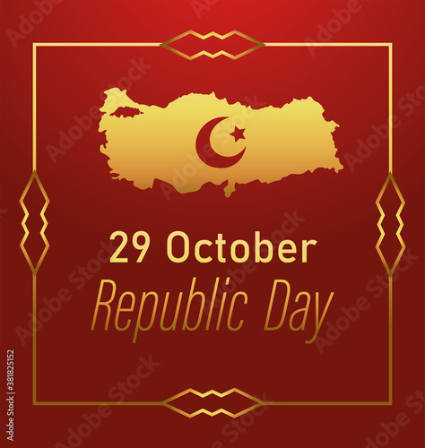 turkey republic day, golden map moon star emblem frame decoration card