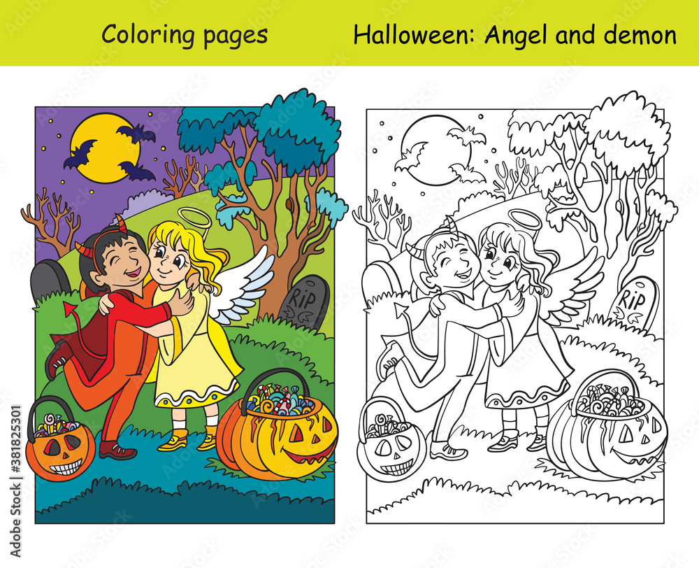 Coloring with colored example Halloween angel and demon