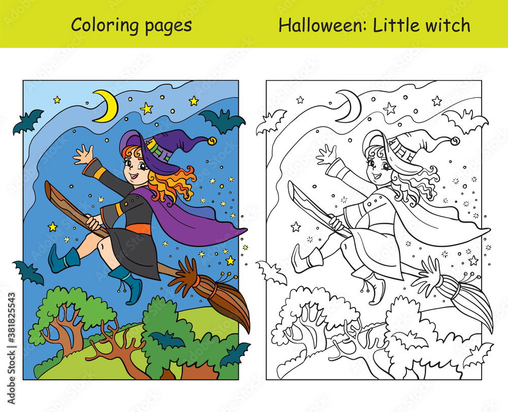 Coloring with colored example Halloween witch on broom