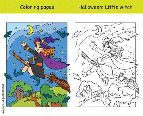 Coloring with colored example Halloween witch on broom