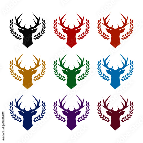 Deer head with big antlers in laurel wreath icon, color set