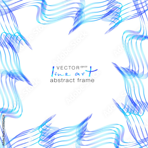 Blue wave frame of line art design. Abstract border with stylized sea waves. Squiggly thin lines on white background. Dynamic pattern, symmetric curves. Vector template, copy space. EPS10 illustration