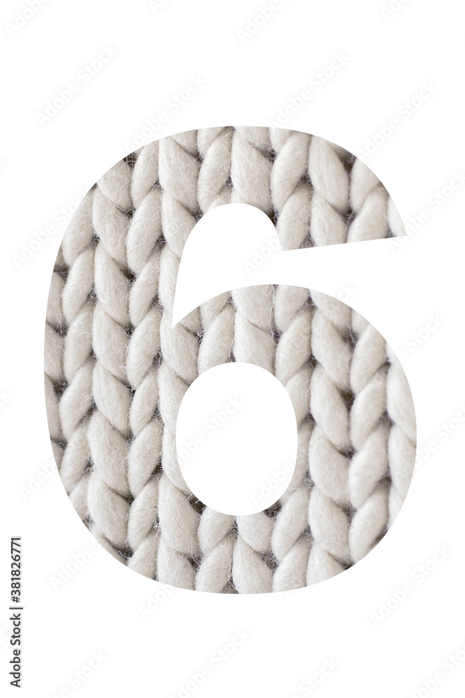 Number " 6 " is a knitted number isolated on a white background ...