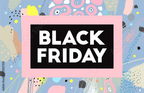 Black Friday banner. Text. Holiday shopping. Memphis pattern. Retro, vintage 80s, 90s style. Abstract background. Vector artwork. Blue, black, pink, yellow, beige colors.