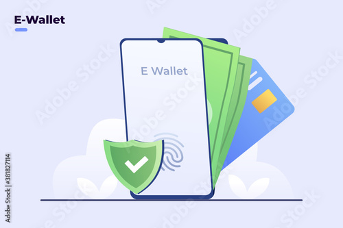 Illustration E-Wallet, Digital wallet, Virtual wallet, Virtual money, Digital bank in smartphone application. Pay with e-wallet. Easy digital transaction with smartphones app. Finance technology. Flat