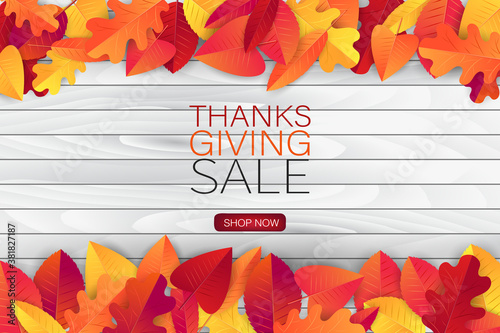 Thanksgiving sale poster.  Background with red and orange fall leaves on wooden board. American traditional november holiday. Banner for advertisement, promotion, invitation. Vector illustration.