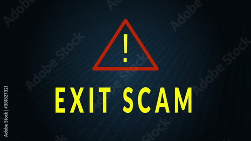 Exit scam text with warning sign. Fraudulent avoidance of financial obligations. Vector 10.