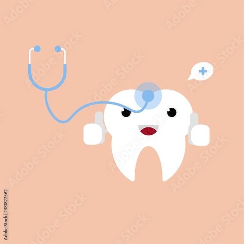 Cartoon of tooth with stetoschope. Oral or dental health concept.