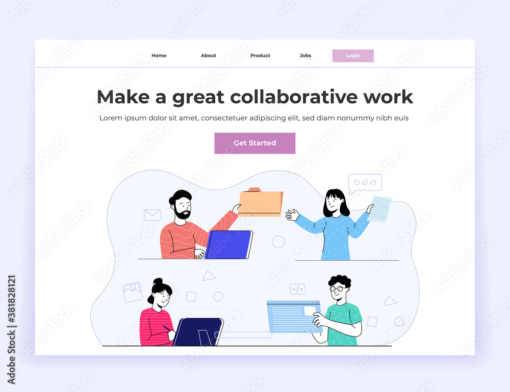 Collaboration Work Group of Young People Landing Page Illustration