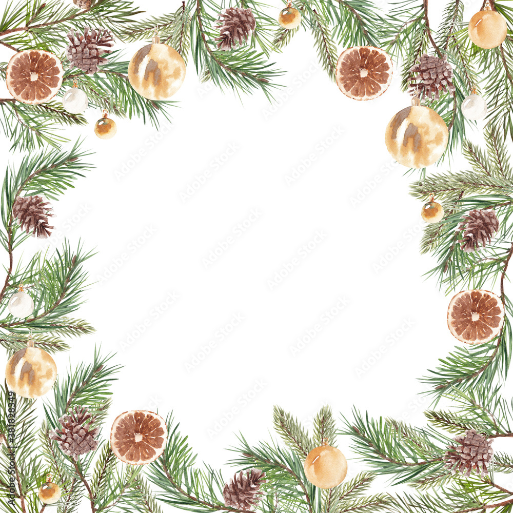 christmas cart template. watercolor hand painted frame of fir and pine branches and Christmas tree decorations. Great for greeting cards, printing products, flyers, banners, invitations