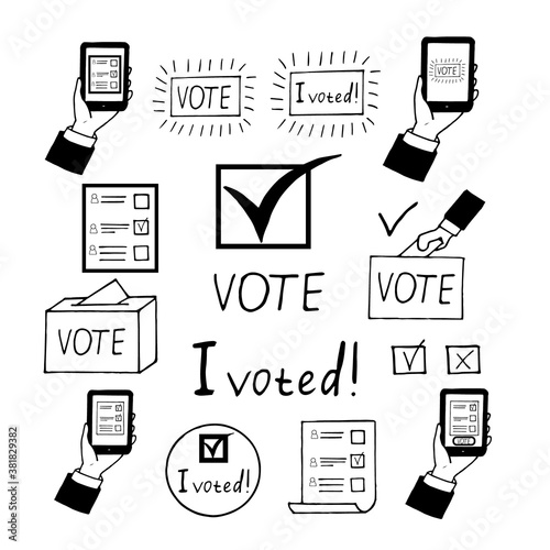 vote set sketch icon sticker card poster hand drawn vector doodle minimalism monochrome collection elements design ballot box paper check mark phone screen online elections lettering I voted