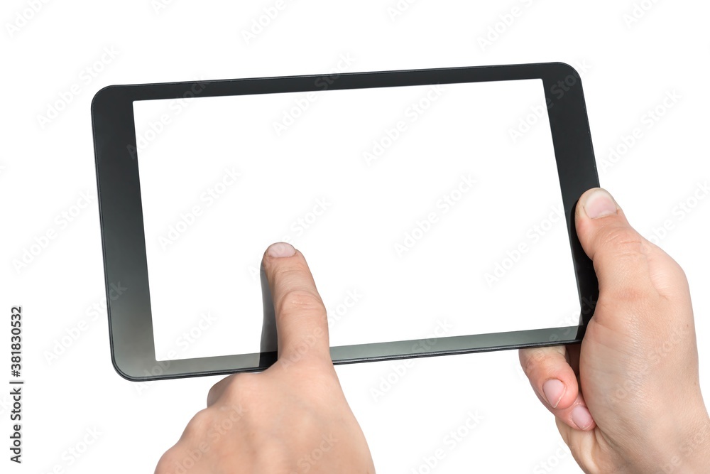 Tablet with blank white touch screen in hands of woman Tablet with blank white touch screen in hands of woman