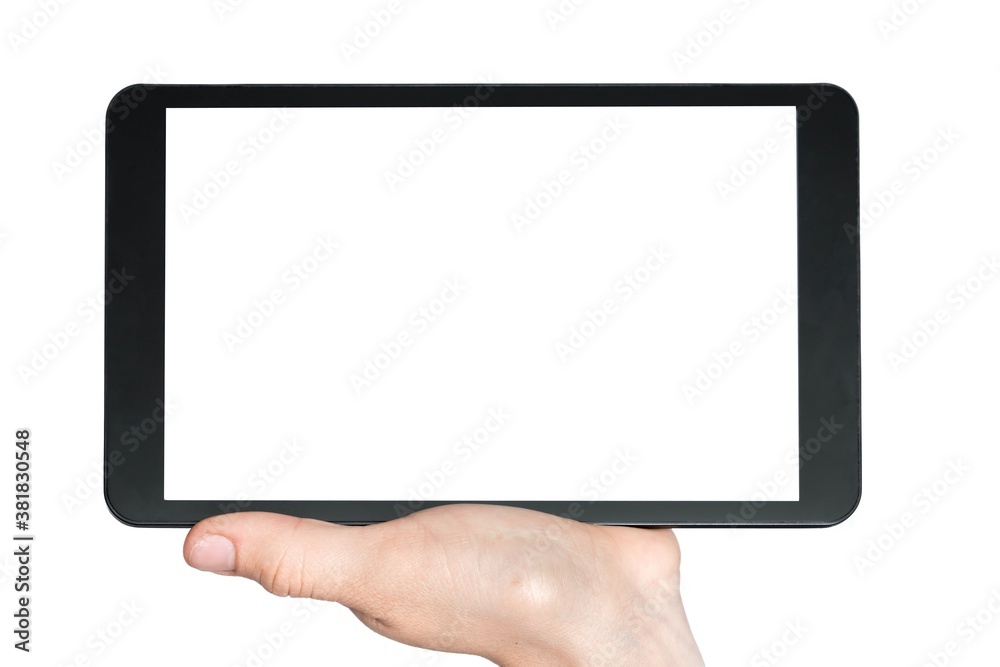 Tablet with blank white touch screen in hand of woman Tablet with blank white touch screen in hand of woman