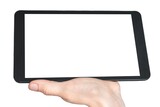 Tablet with blank white touch screen in hand of woman