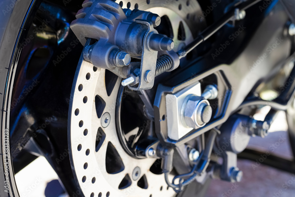 Closeup of Modern Motorcycle Front Brake System. Closeup of Modern Motorcycle Front Brake System.