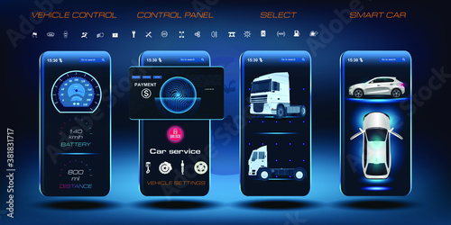 Car parameters via a mobile application. Autonomous vehicle control system. Dashboard with sensors. Locking, starting, maintenance, troubleshooting and card payment via the app