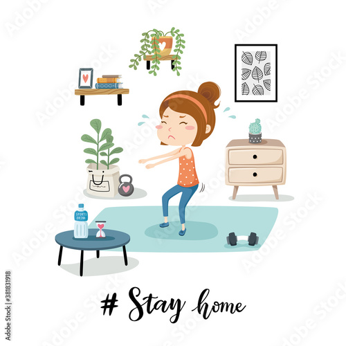 Stay home concept.  Woman doing workout at home to avoid corona virus spreading.  
