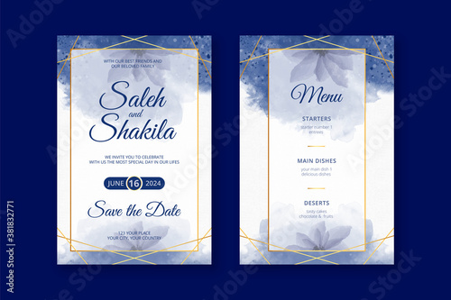 Wedding invitation card and menu with elegant watercolor dark abstract style golden frame wreath template layout. set of floral wedding invitation card. gold flower.