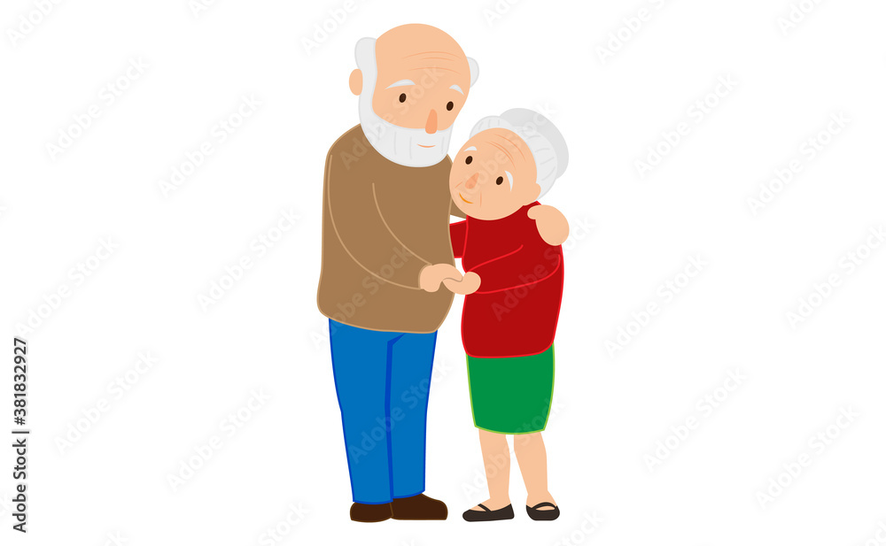 Elderly couple stands holding hands on white background illustration. EPS10.