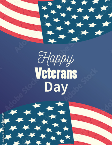 happy veterans day, waving flags lettering celebration patriotism card