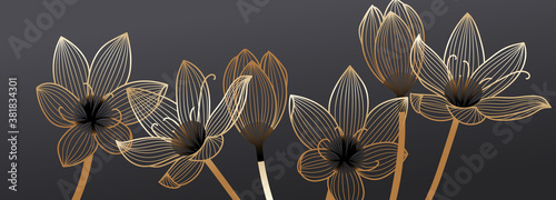 Luxury flower background vector with golden metallic decorate