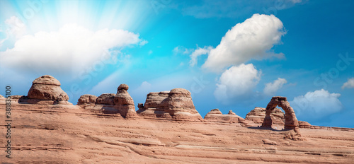 Panoramic view of Delicate Arch at sunset, Arches National Park