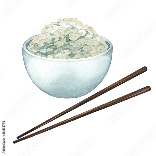 Watercolor bowl of white rice with the wooden sticks
