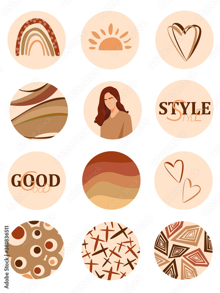 Set of linear icons for eternal stories, icons for social accounts. Social Network Highlights Cover. Abstract Boho Earthy Terracotta and Mint Shapes and Elements. Vector Design. for screensavers, 