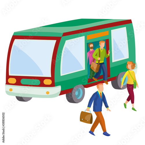 people getting off the bus, cartoon illustration, isolated object on white background, vector,