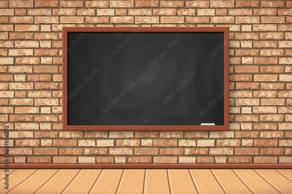 Flat Interior with empty black chalkboard on brown brick wall. Trendy classroom wih class board scenery interior. Vector Illustration for web, poster mockup, exposition, school class design background Flat Interior with empty black chalkboard on brown brick wall. Trendy classroom wih class board scenery interior. Vector Illustration for web, poster mockup, exposition, school class design background