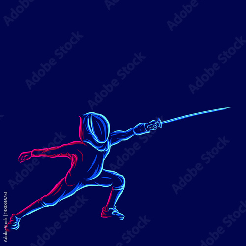 Fencing sport line pop art potrait logo colorful design with dark background. Abstract vector illustration.