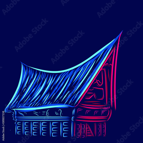 Indonesian batak house building asian house logo line pop art potrait colorful design with dark background. Abstract vector illustration.