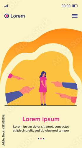 Depressed sad woman standing as victim flat vector illustration. Surrounded girl and fingers pointing at her. Conviction, indictment and social denunciation concept.