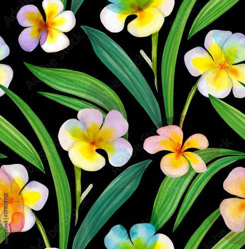 Tropical pattern with frangipani and hibiscus flowers. Background with tropical flowers