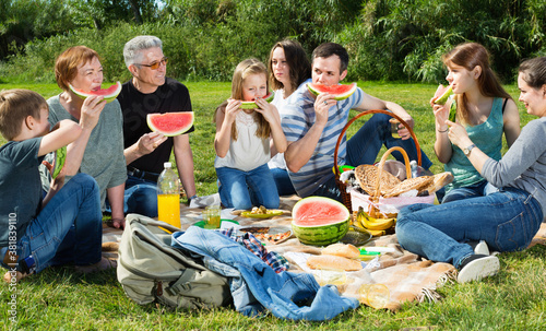 Happy cheerful people of different ages sitting and talking on picnic