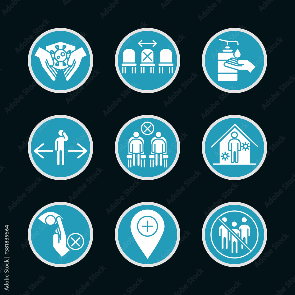 new normal, , after coronavirus disease covid 19, blue silhouette icons pack