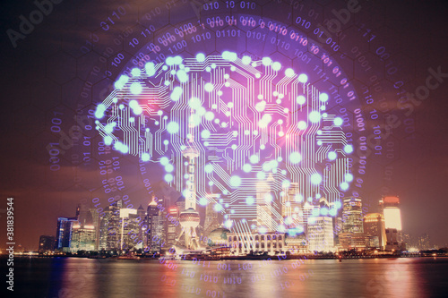 Brain hologram drawing on city scape background Double exposure. Brainstorming concept.