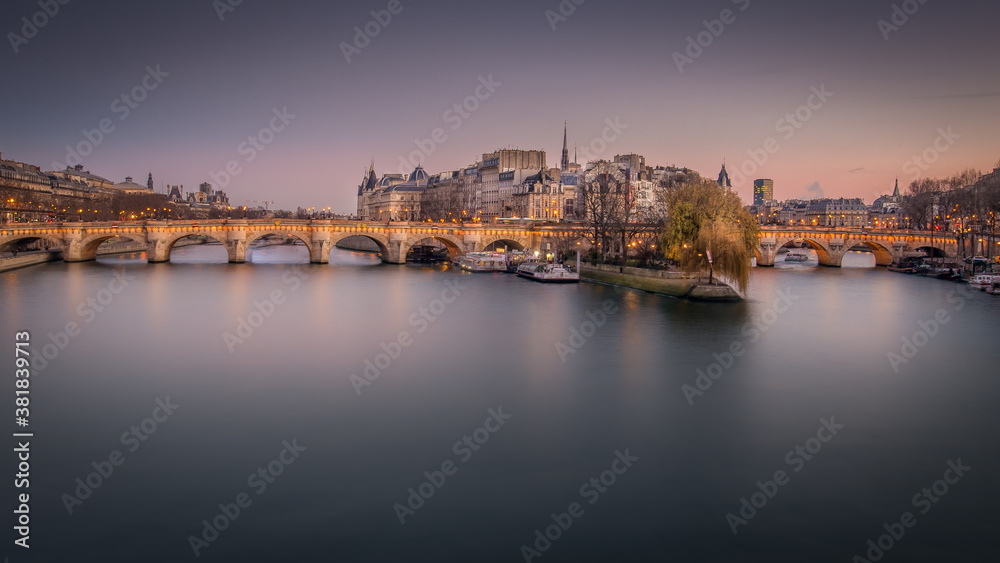 sunset over the river Seine and Pont Neuf Paris