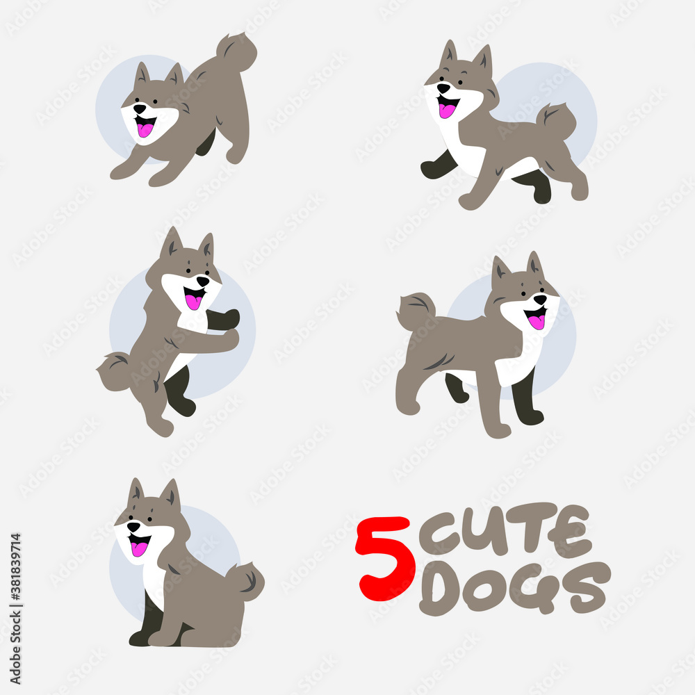 Dog cartoon character.Simple cute animal  vector illustration in several posing.