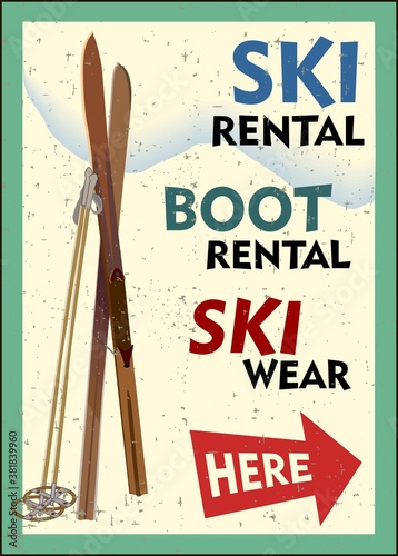 Ski rental retro poster design with pair of skis and winter mountain shape. Winter vacation concept.