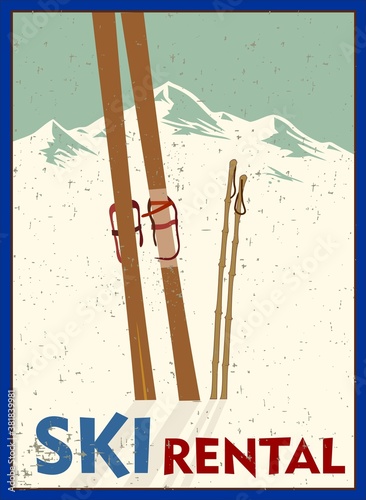 Ski rental retro poster design with pair of skis and winter mountain shape. Winter vacation concept.